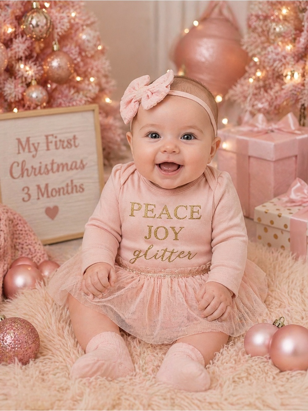 Olivia Rose Pink Tulle Bodysuit Dress 0-3M | Peace Joy Glitter Christmas Holiday